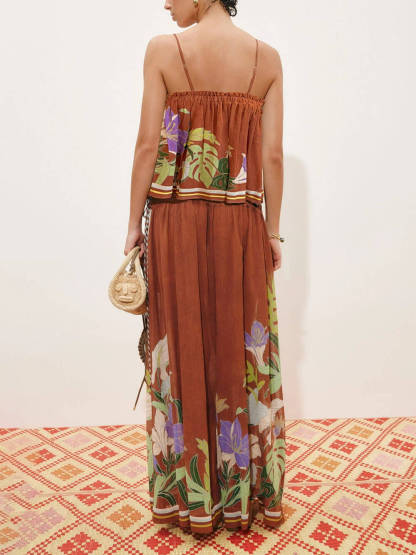 Exquisite Ruffled Adjustable Strap Camisole with Drawstring Slit Wide-Leg Pants Set