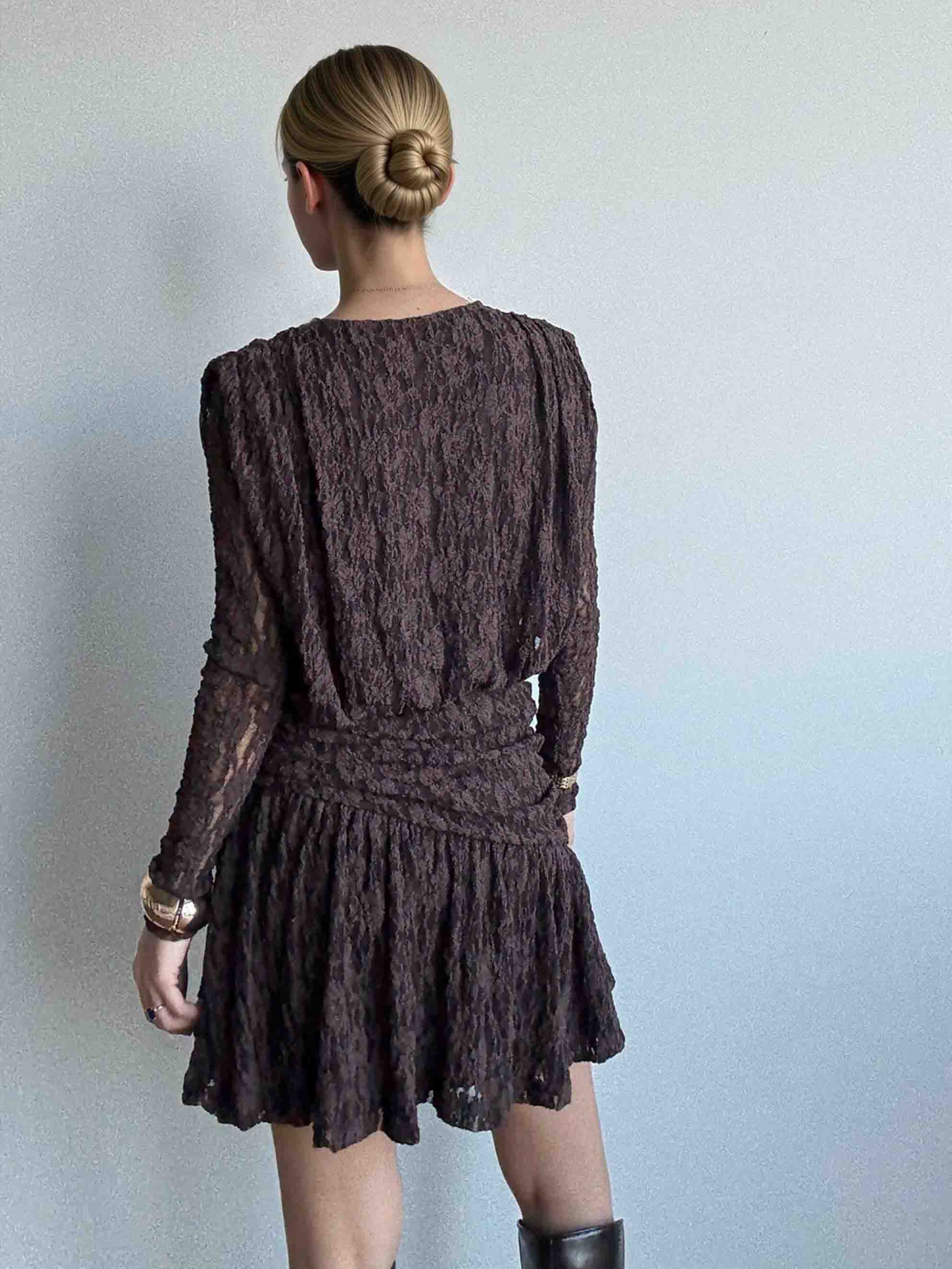 Elegant Long-sleeved Lace-textured Mini Dress