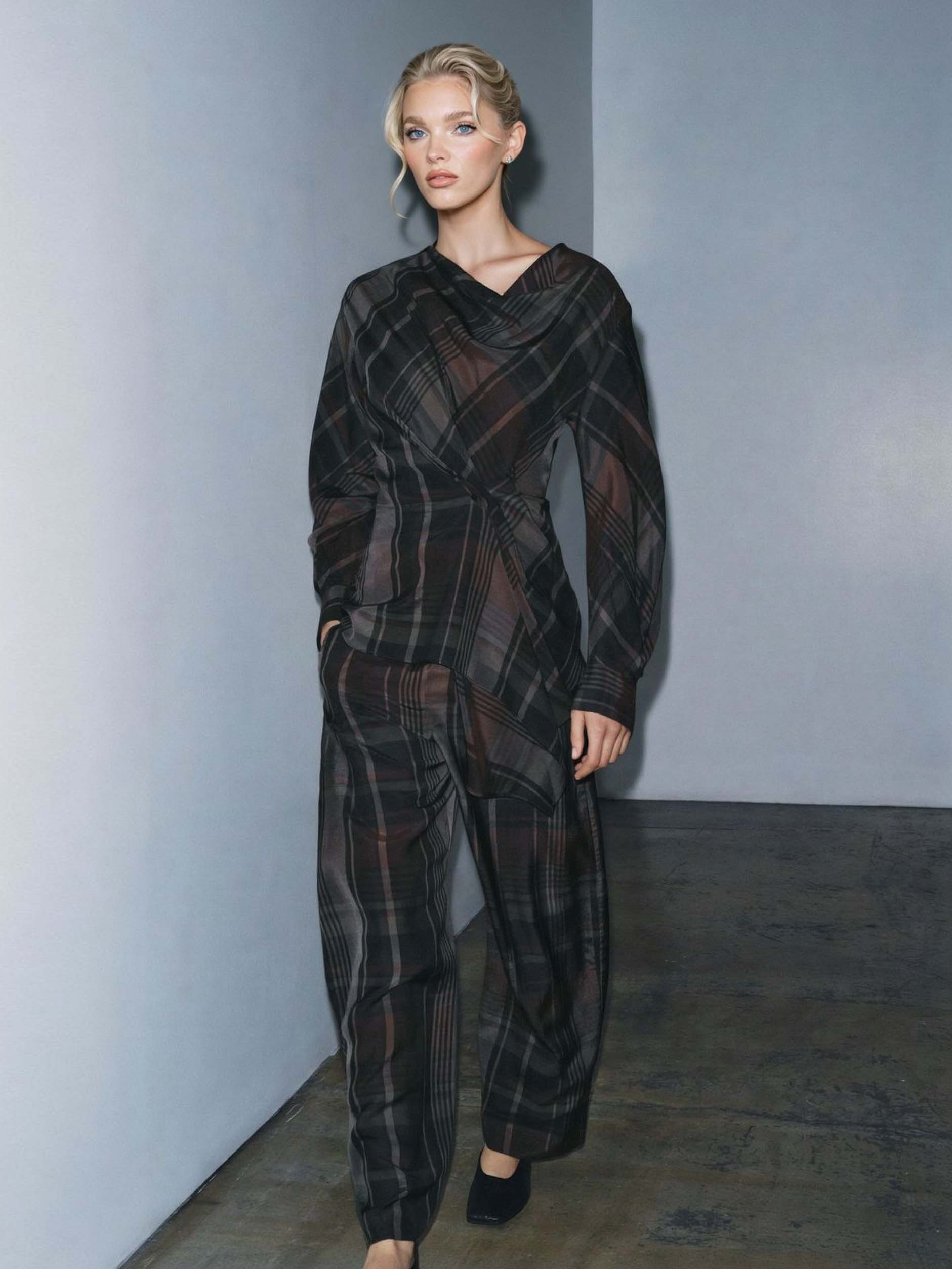 Asymmetric Draped Plaid Long-Sleeve Top