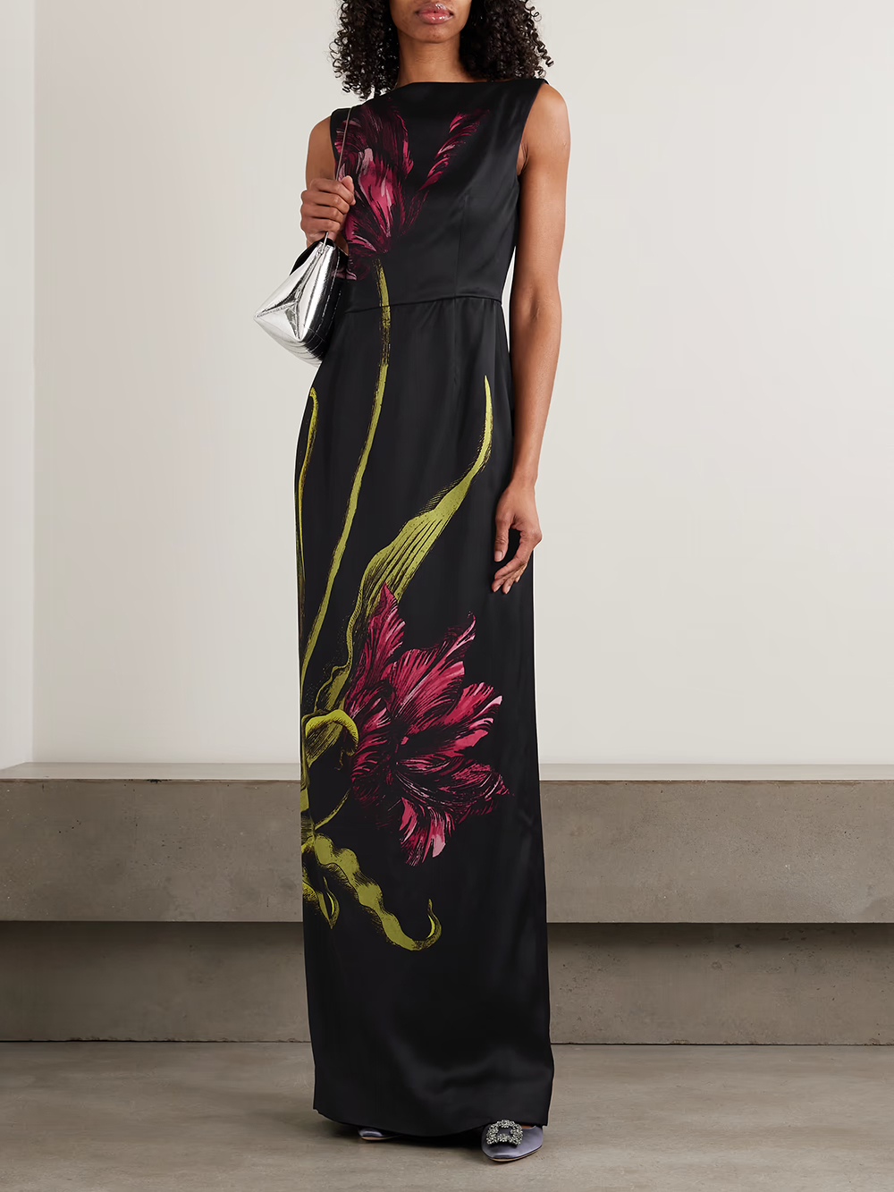 Exquisite Floral Print Satin Pleated Maxi Dress