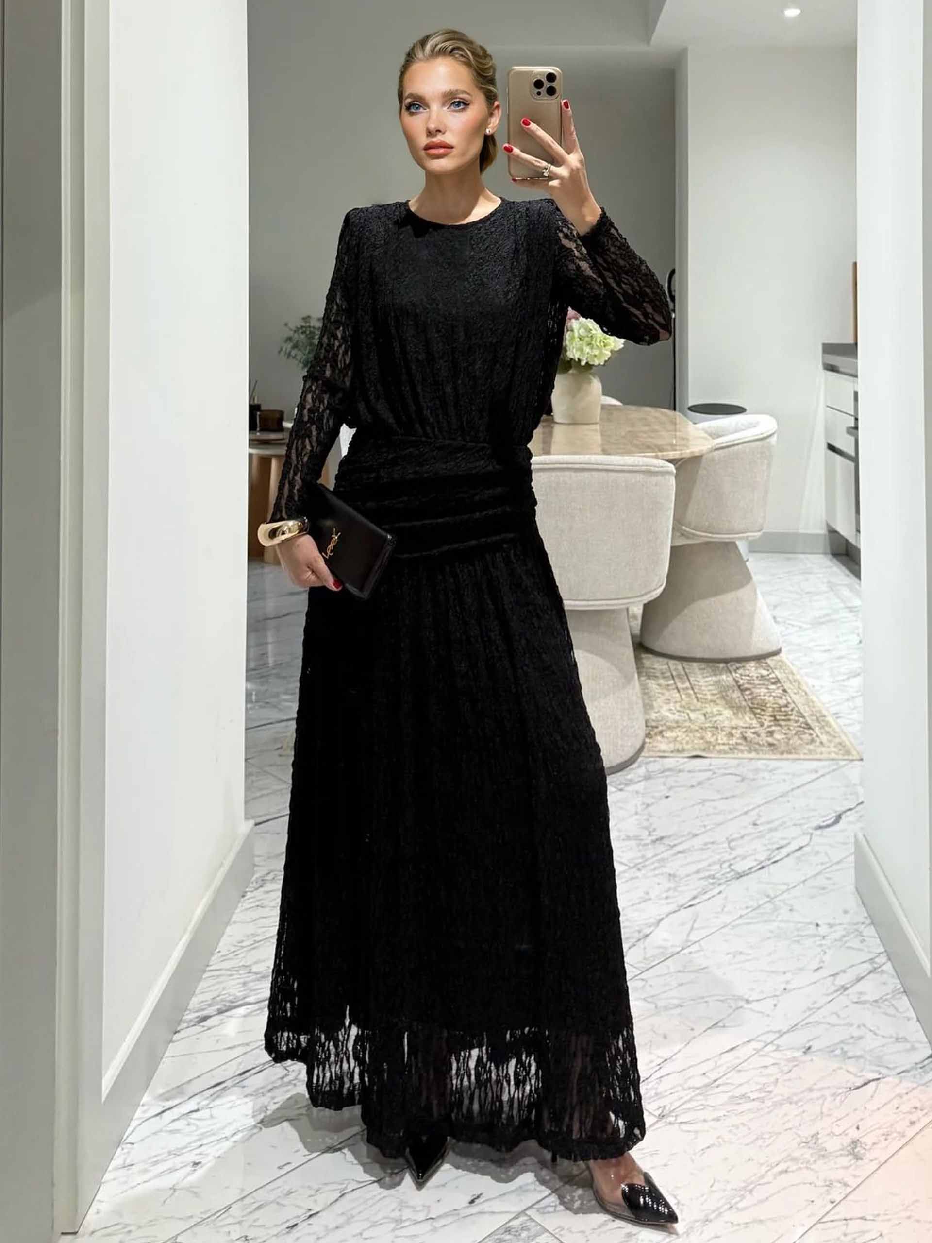 Elegant Long-Sleeve Lace-Textured Maxi Dress