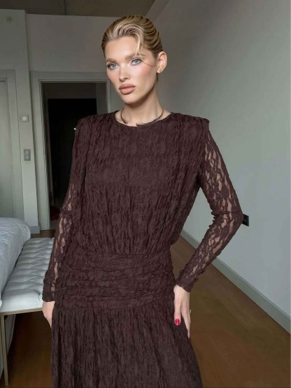 Elegant Long-Sleeve Lace-Textured Maxi Dress