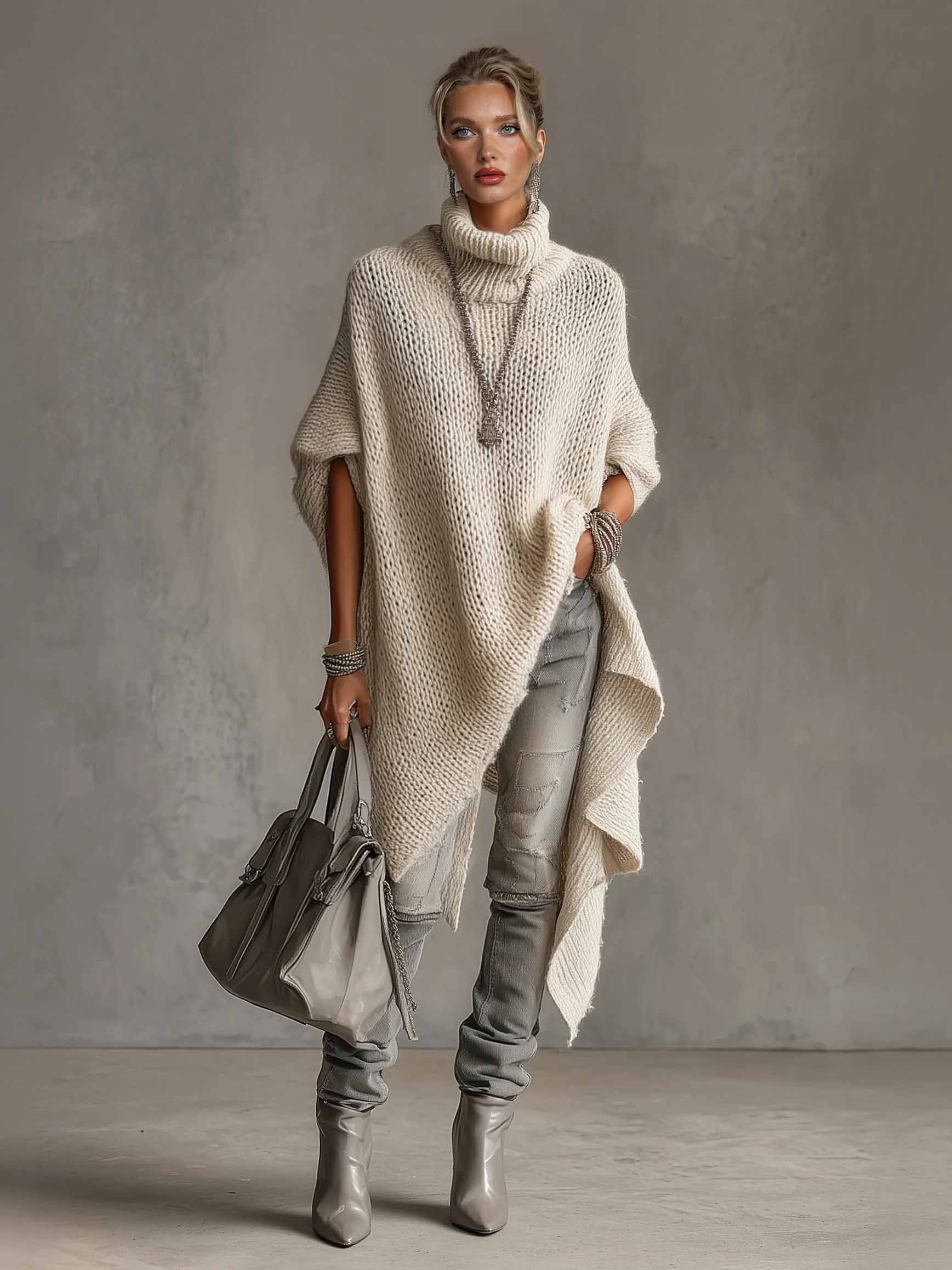 Asymmetrical Hem High-neck Knit Midi Dress