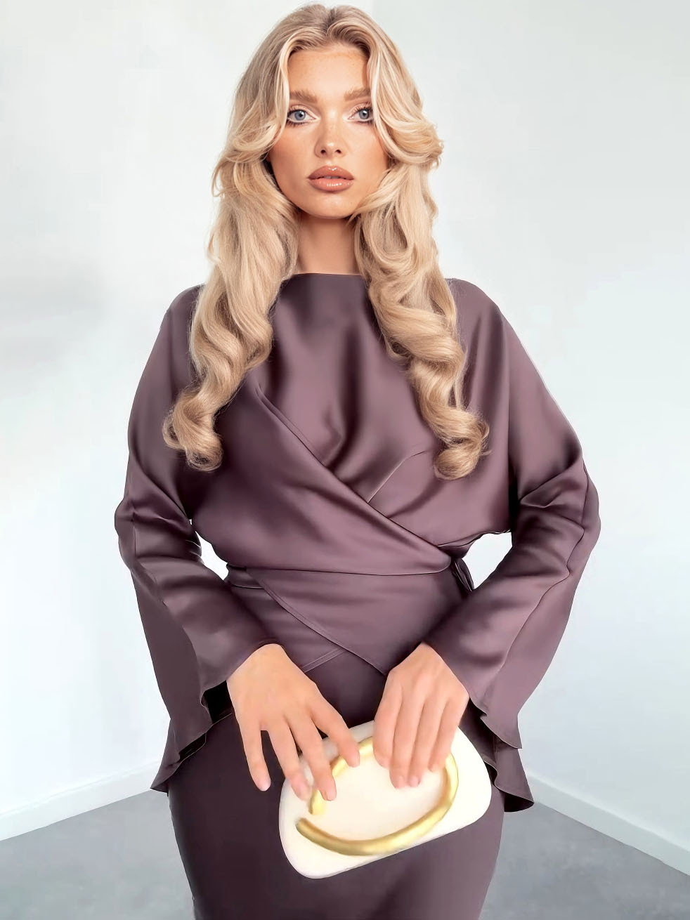 Elegant Satin Strapless Tie-front Shirt And Skirt Two-piece Set