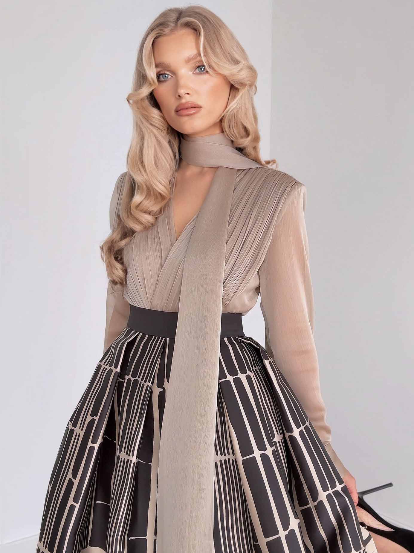 Elegant Satin Printed A-line Skirt Two-piece Set