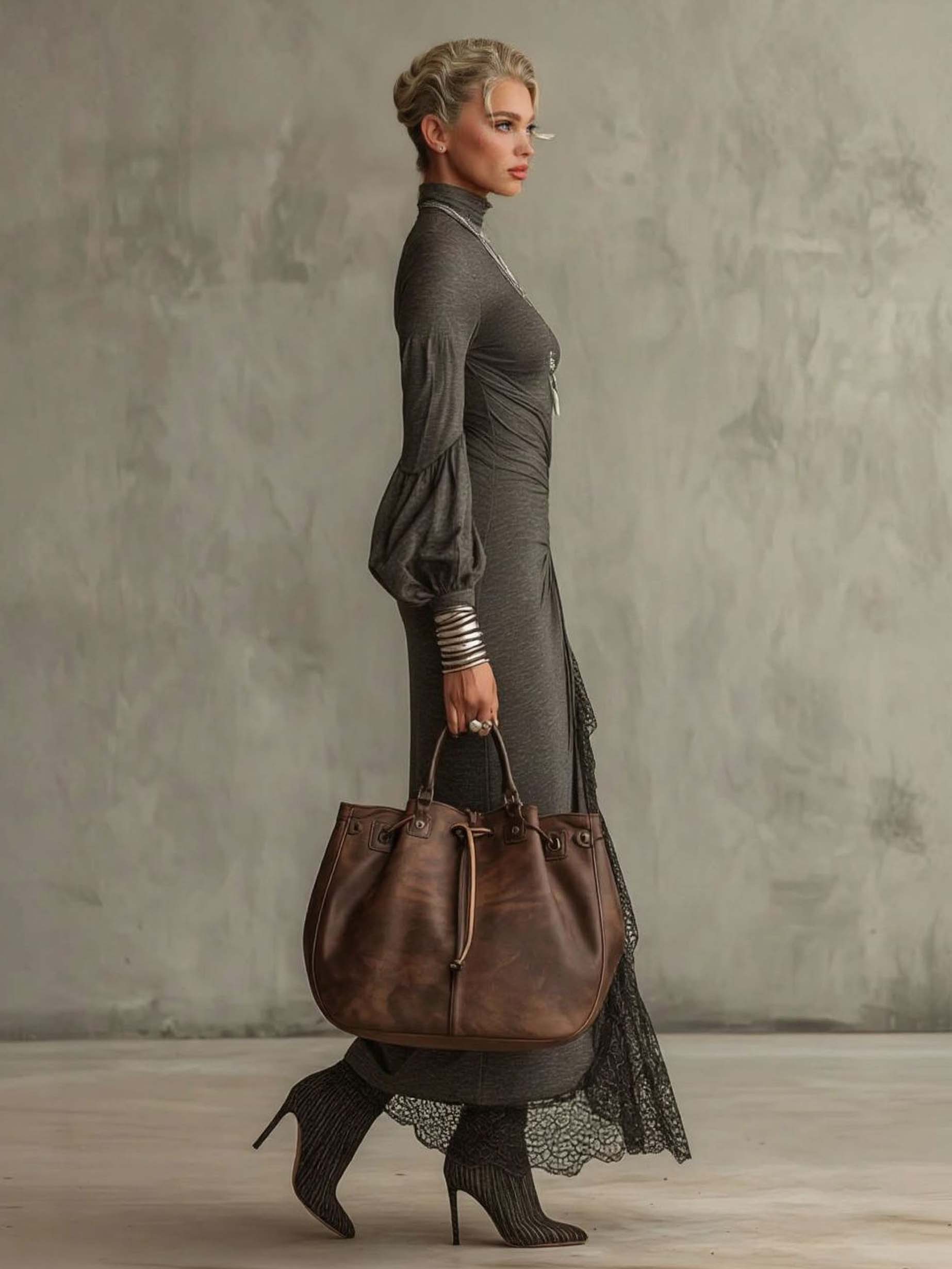 Elegant Puff-sleeved Knitted Lace Maxi Dress