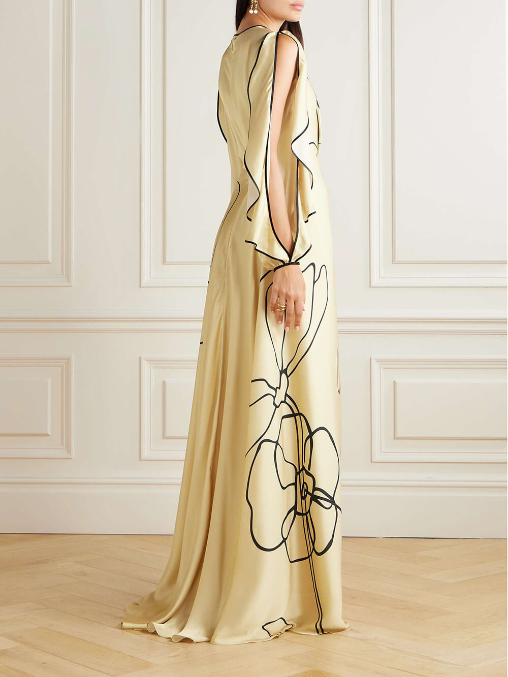 Delicate Ruffled Cutout Floral Print Satin Maxi Dress