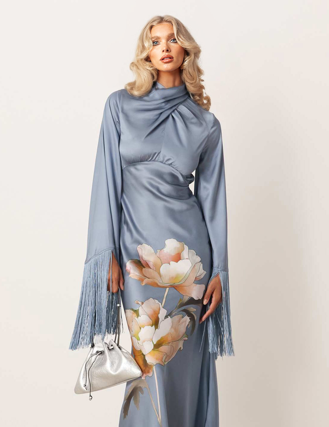 Elegant Satin Printed Tassel Maxi Dress