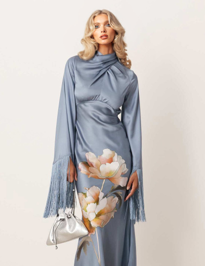 Elegant Satin Printed Tassel Maxi Dress