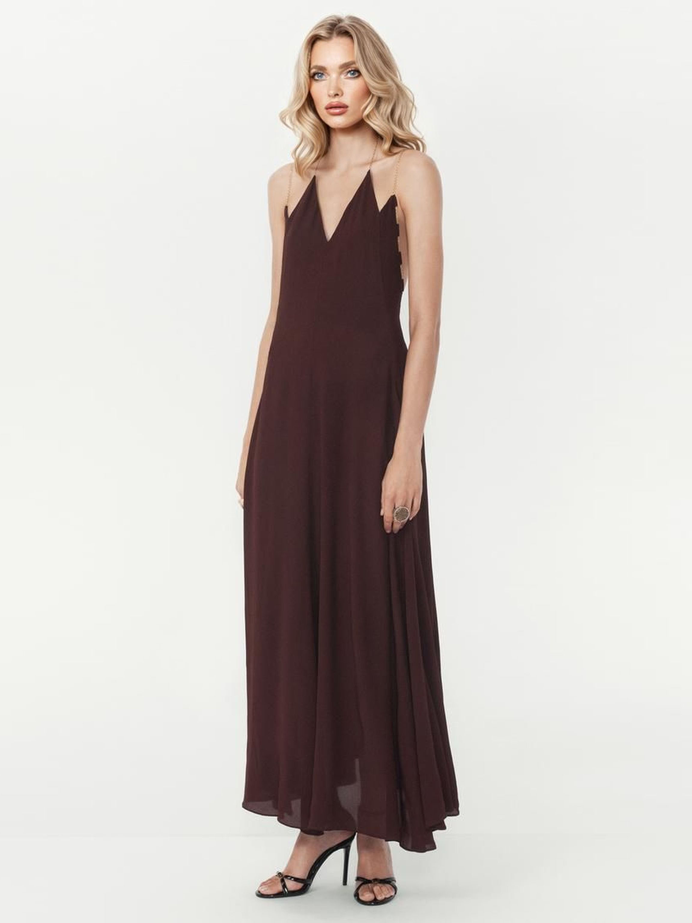 Elegant Chain-Strap Deep V-Neck Maxi Dress