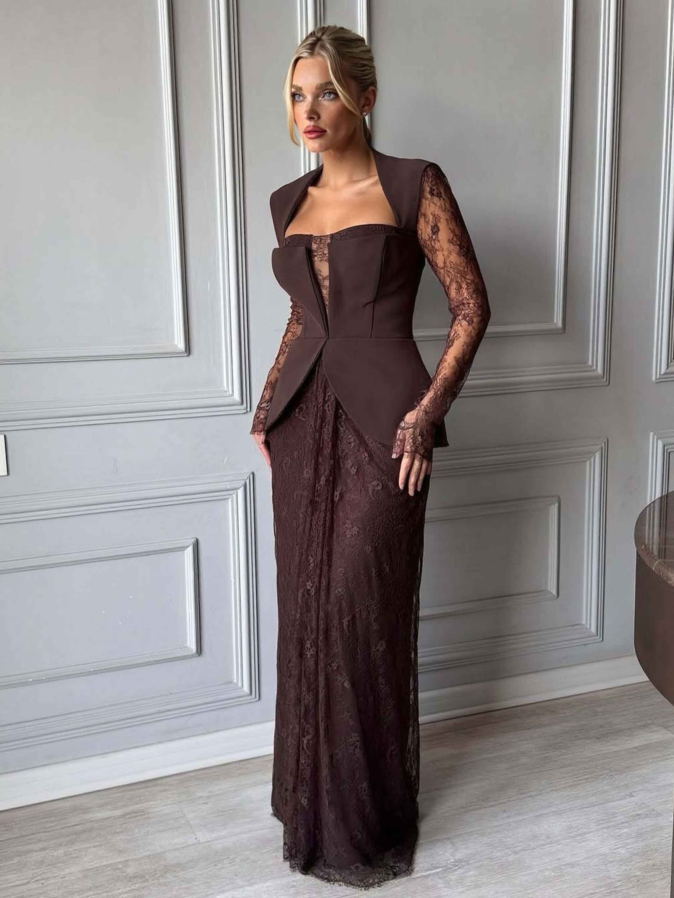 Elegant Lace Pleated Evening Gown Maxi Dress