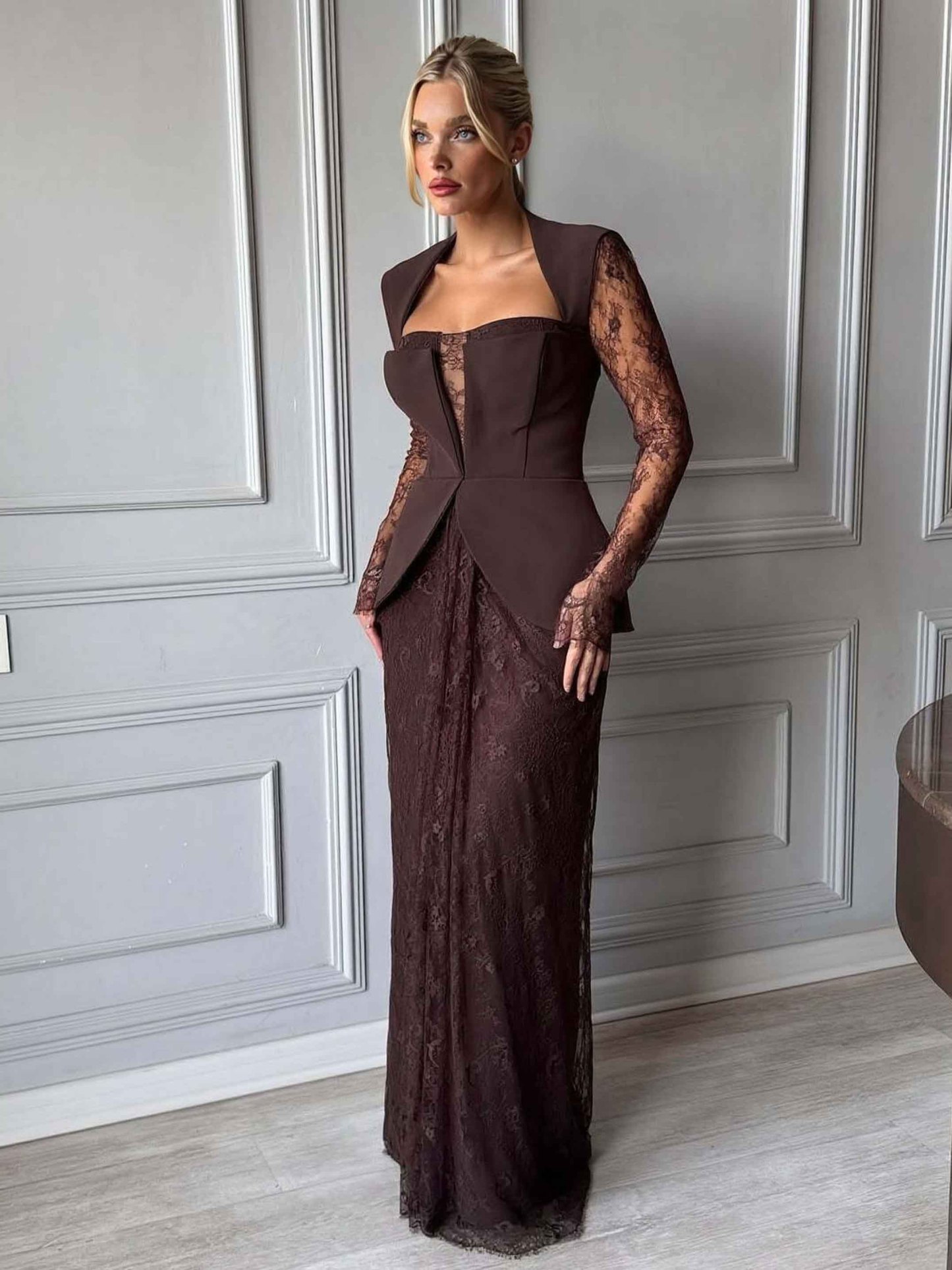 Elegant Lace Pleated Evening Gown Maxi Dress