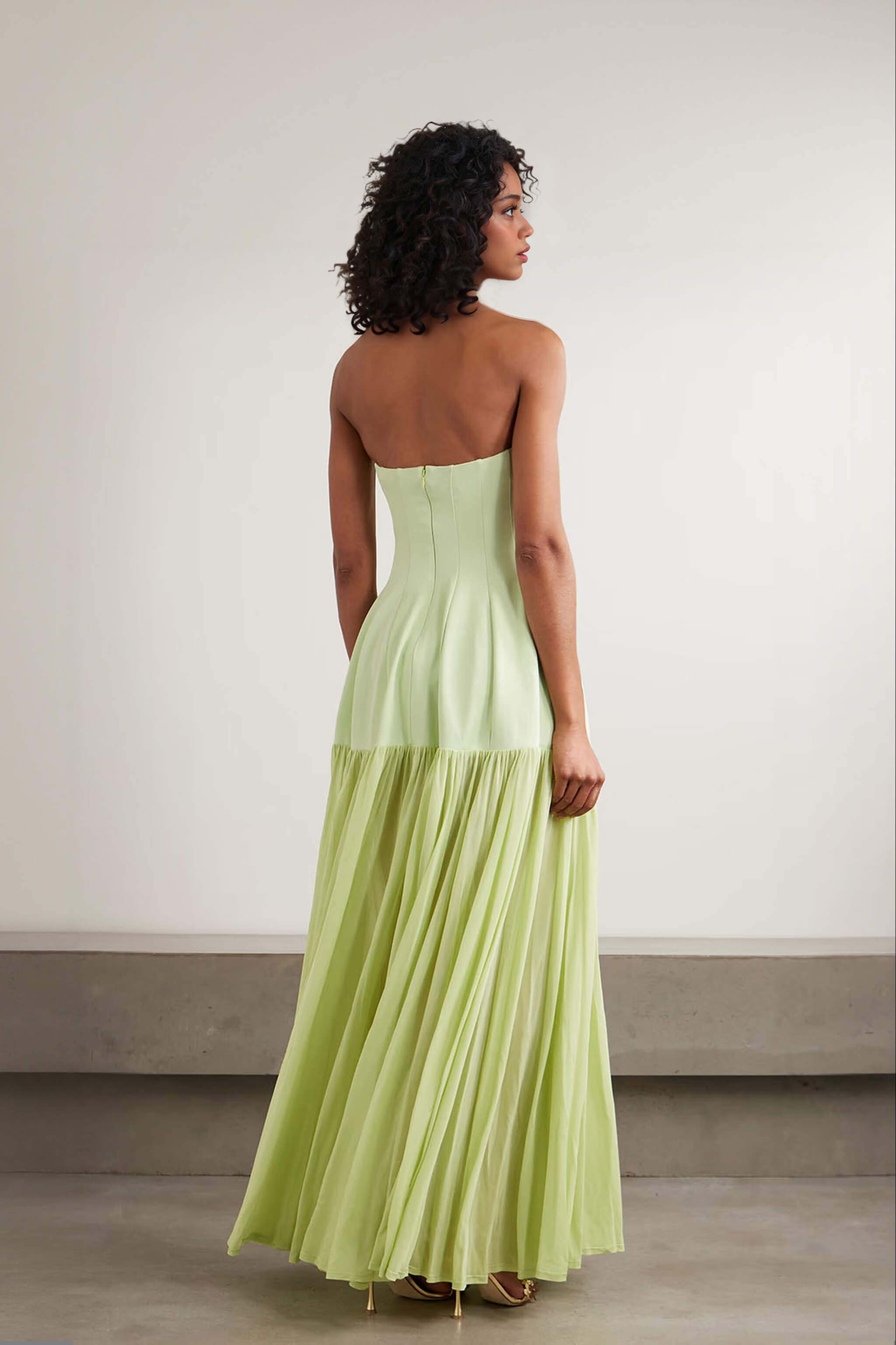 Delicate Strapless Ruched Chiffon Maxi Dress