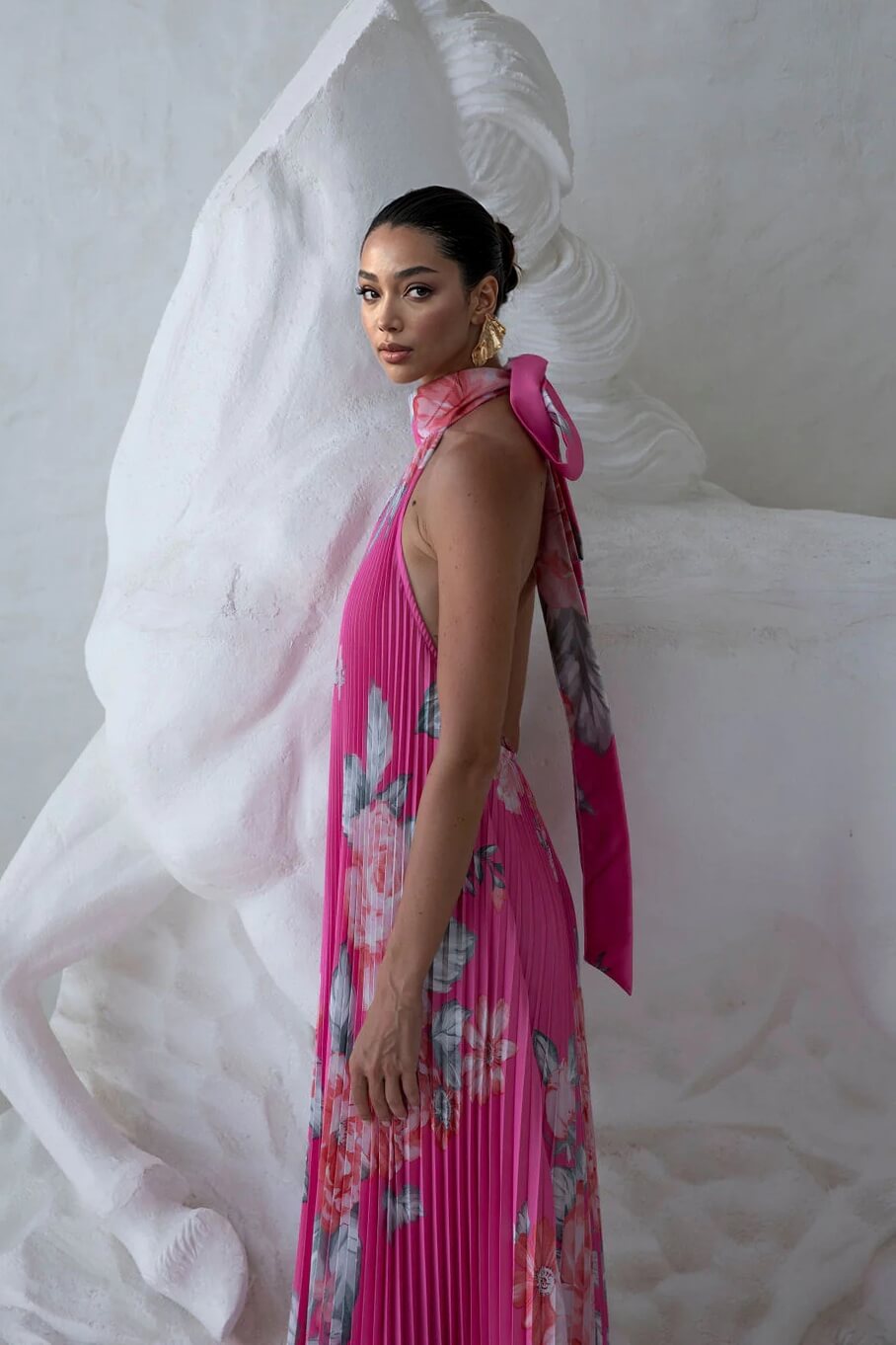 Fashionable Floral Print Pleated Tie-Waist Backless Ruffled Maxi Dress