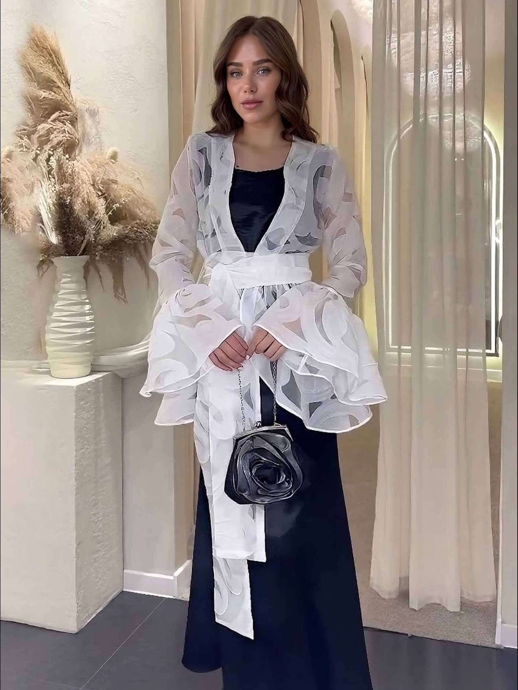 Elegant Ruffled Organza Cardigan & Black Maxi Dress Two-Piece Set