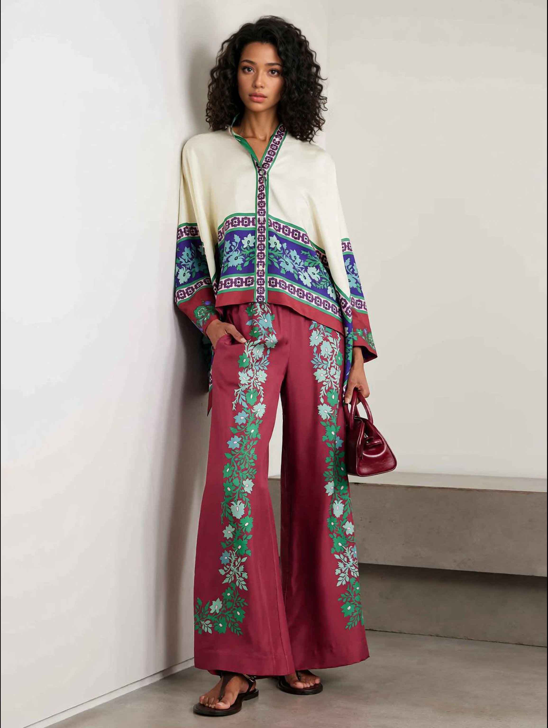 Exquisite Retro Satin Print Batwing Sleeve Shirt