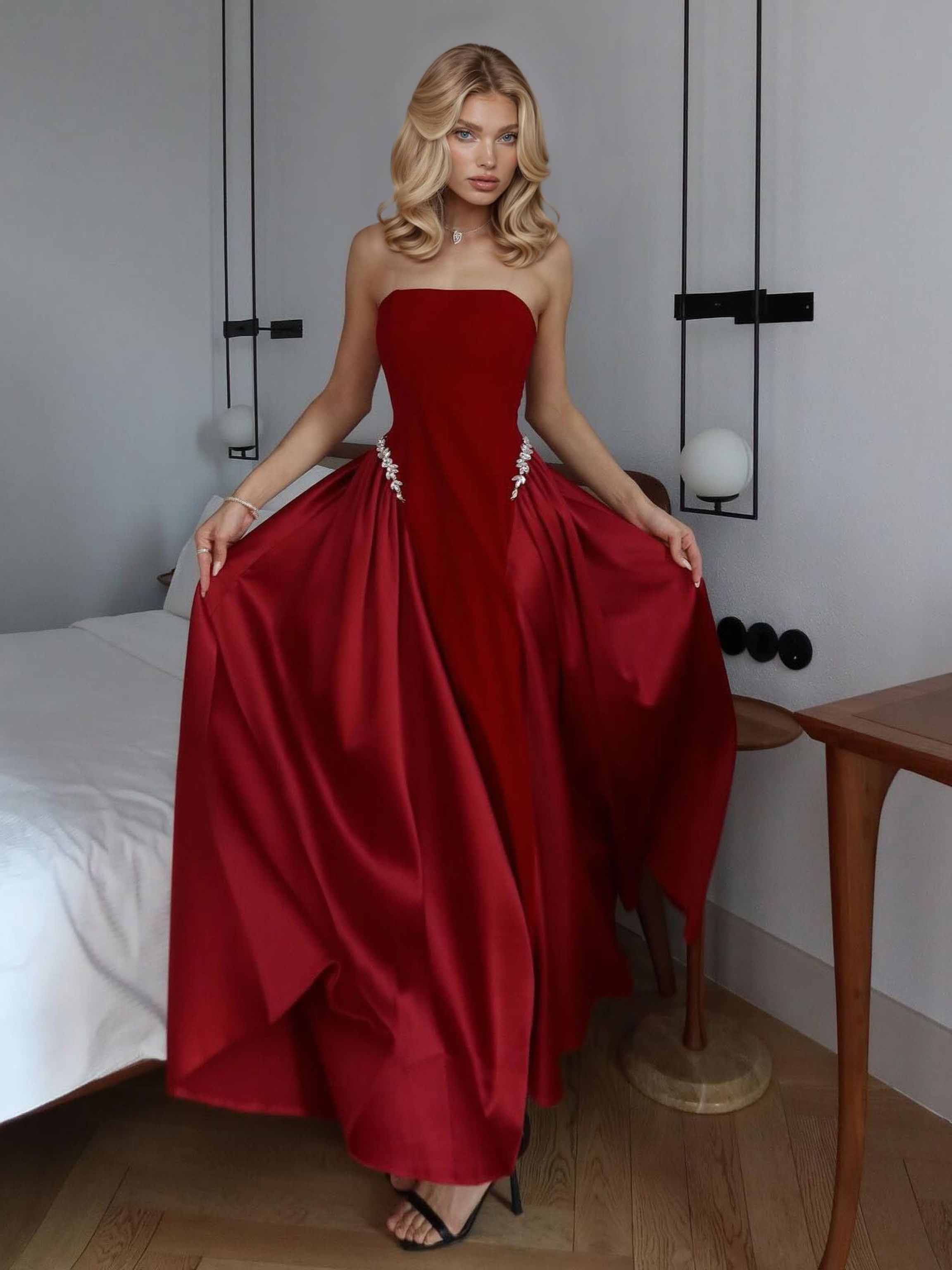 Elegant Red Strapless Evening Maxi Dress