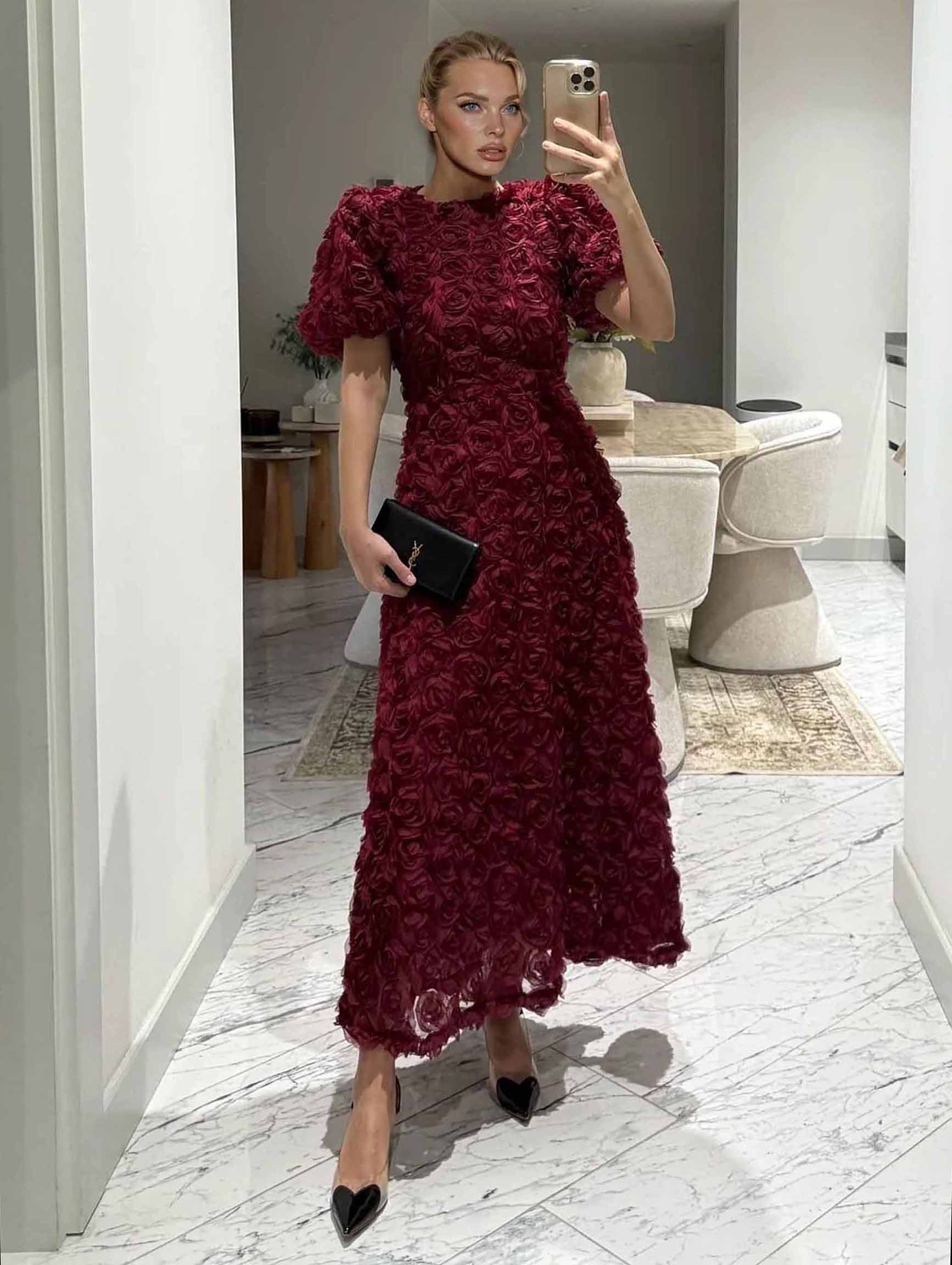 Elegant Rose-patterned Puff-sleeved Maxi Dress