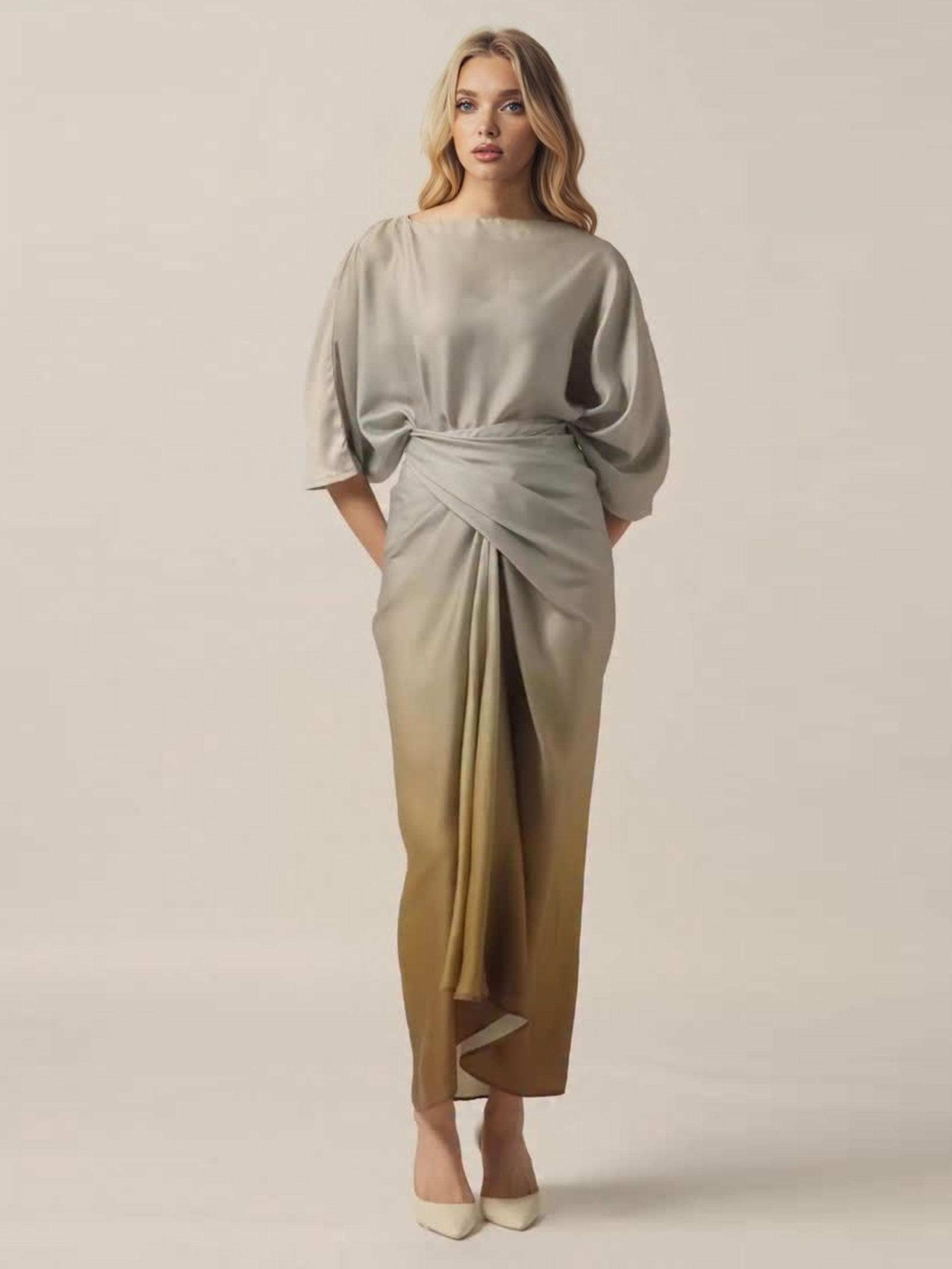 Elegant Gradient Draped Top And Pleated Long Skirt Two-piece Set