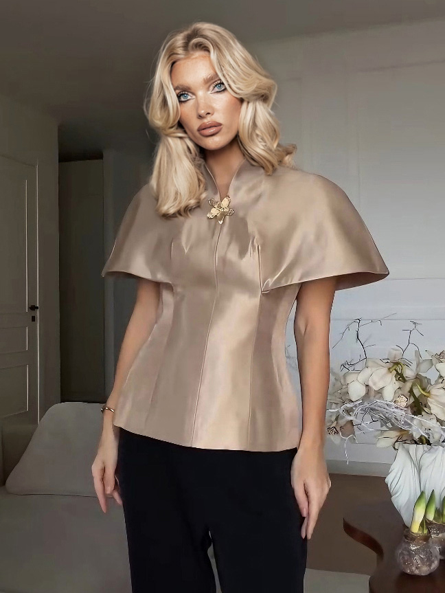 Exquisite Satin Cape Top & Wide-Leg Trousers Two-Piece Set
