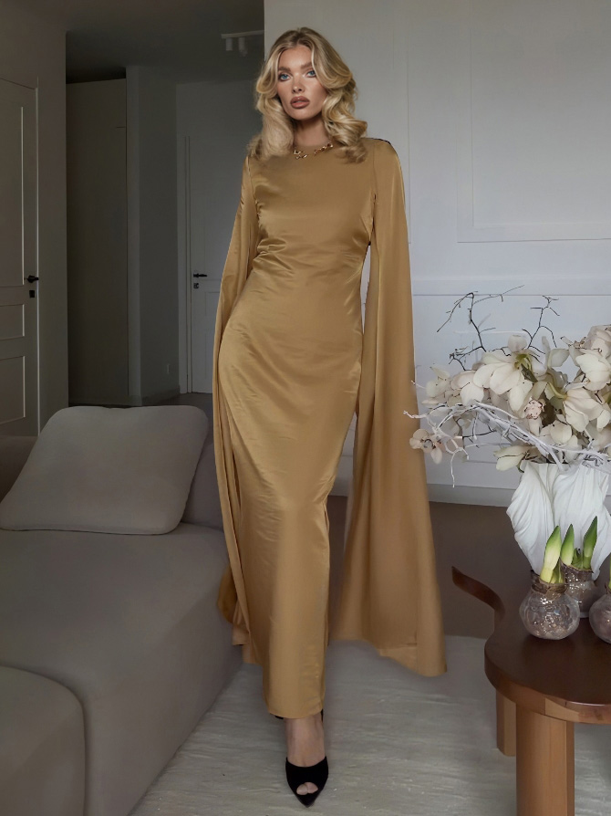 Simple Draped Sleeve Satin Maxi Dress