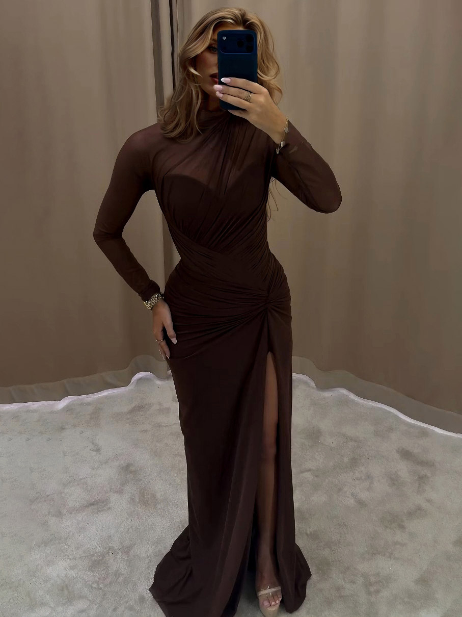 Elegant Draped Long-sleeved Maxi Dress