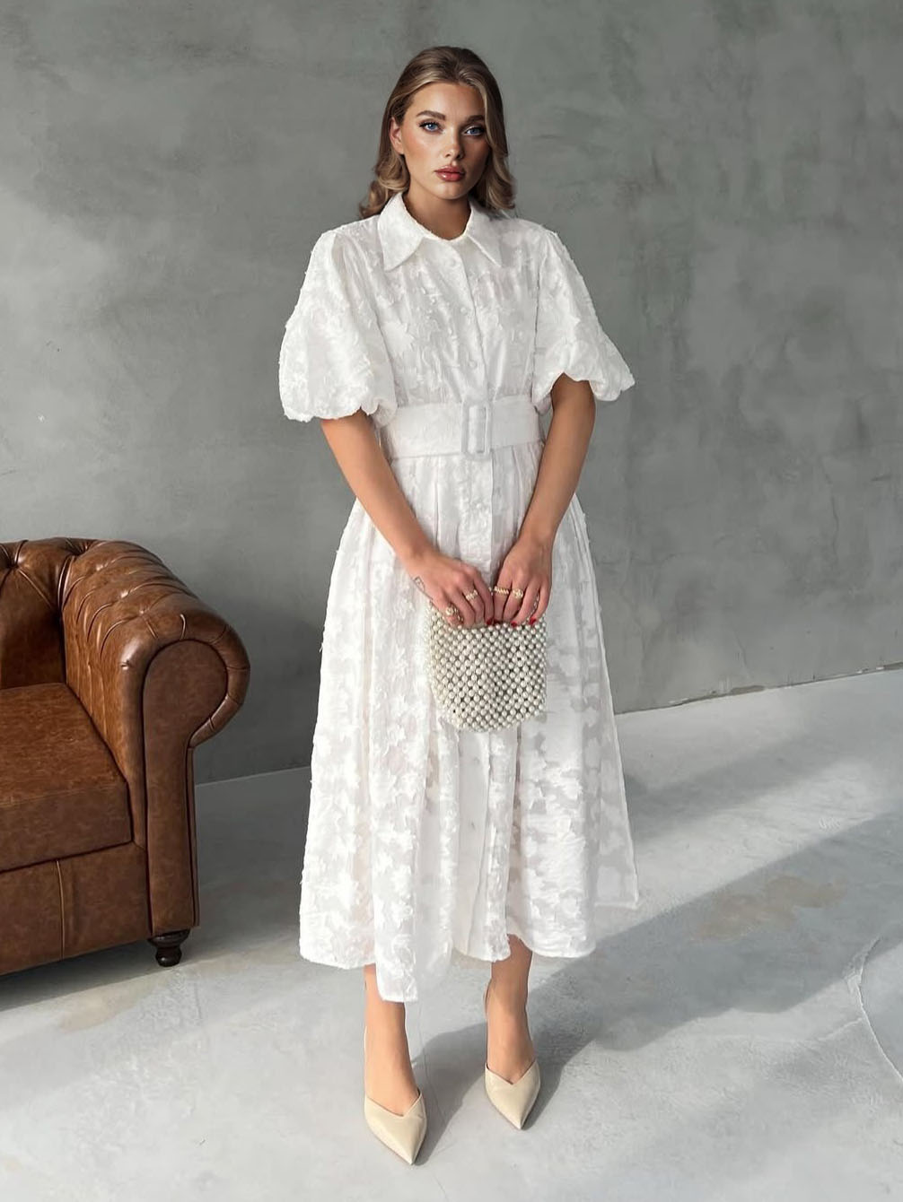 Elegant Textured Belted Shirt Midi Dress