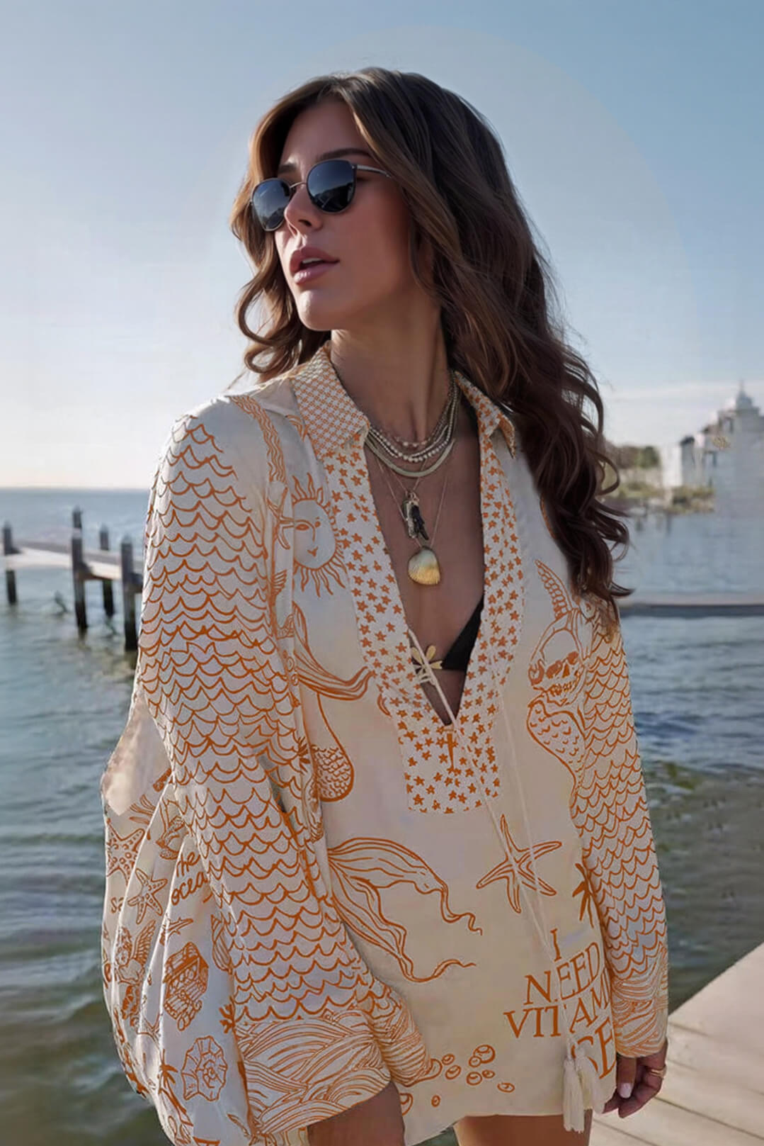 Unique Live By Water Satin Print Tassle Shirt and Elastic Waist Shorts Set