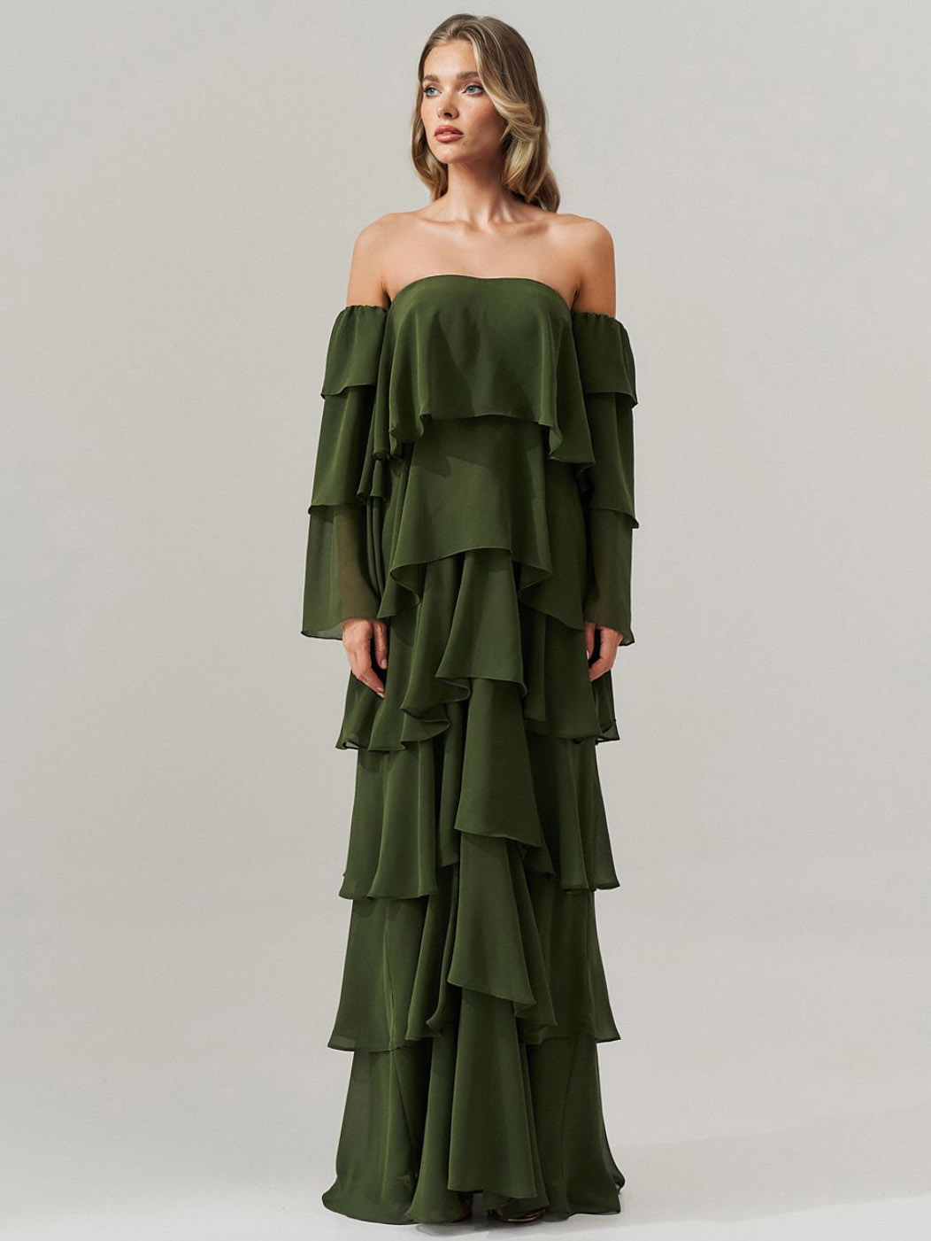 Elegant Off-Shoulder Layered Ruffle Maxi Dress
