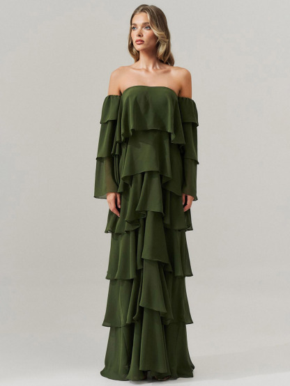 Elegant Off-Shoulder Layered Ruffle Maxi Dress