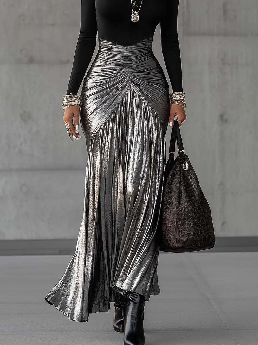 Elegant Round Neck Metallic Silver Pleated Maxi Dress