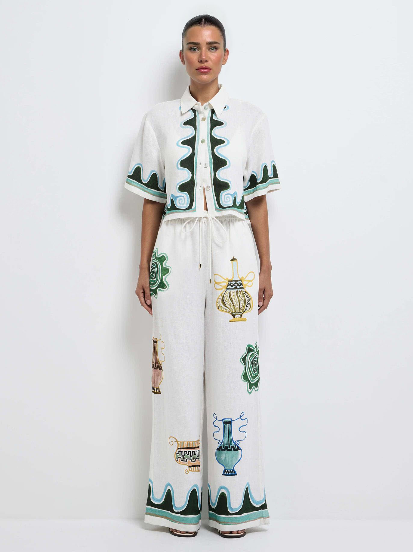 Exquisite Printed Elastic Waist Wide-Leg Pants