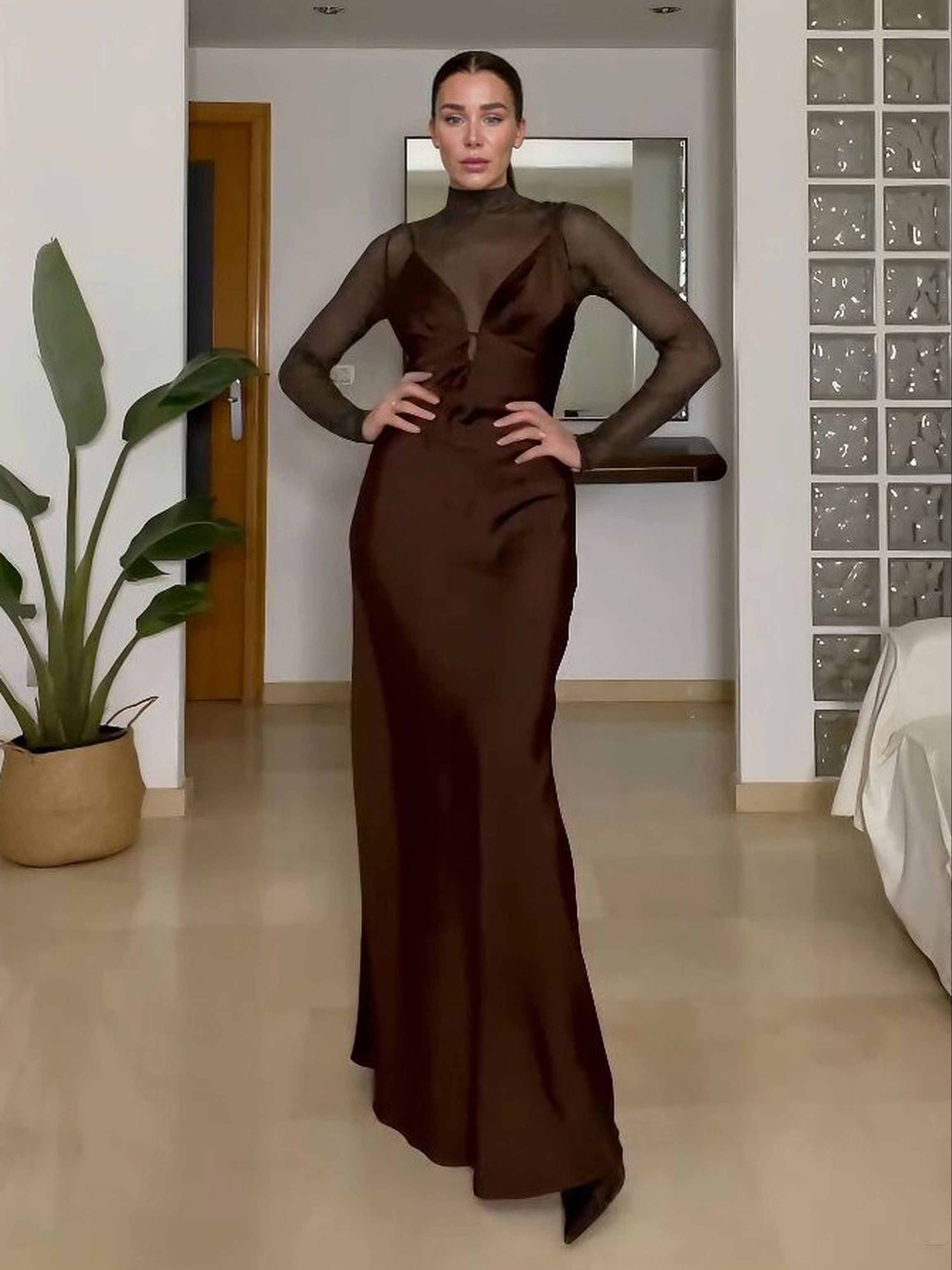 Elegant Sheer High-Neck Long-Sleeve Maxi Dress