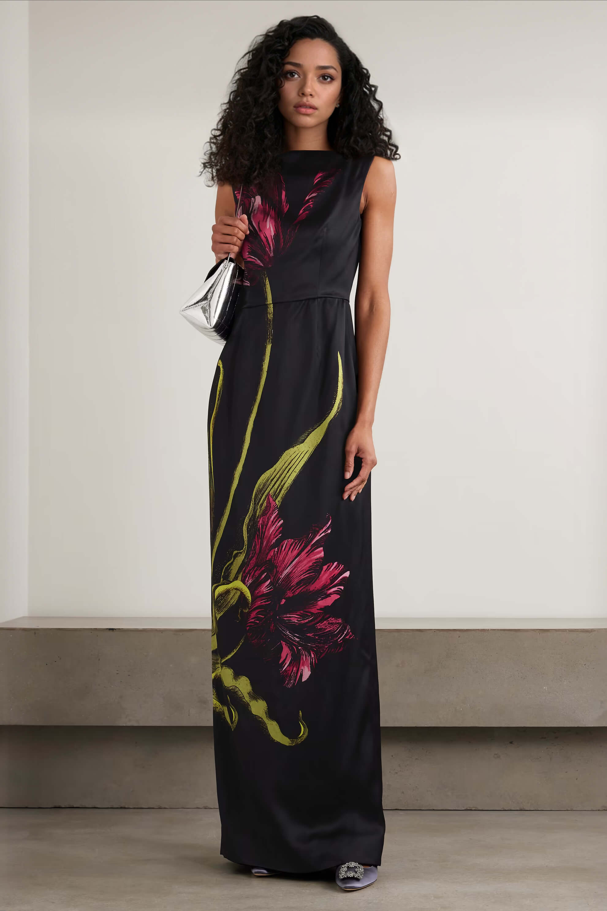 Exquisite Floral Print Satin Pleated Maxi Dress