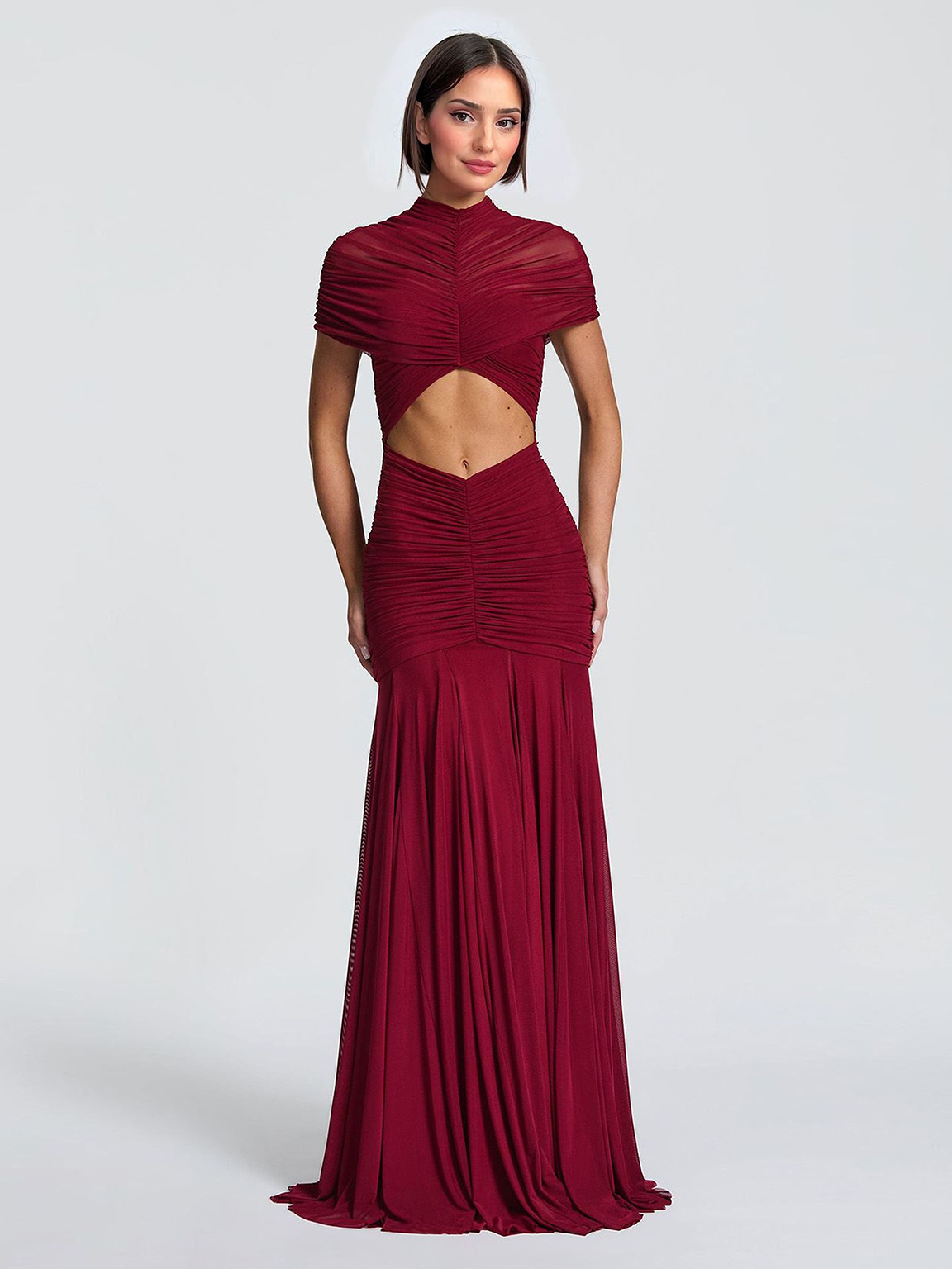 Mesh Pleated Short-sleeved Cutout Maxi Dress