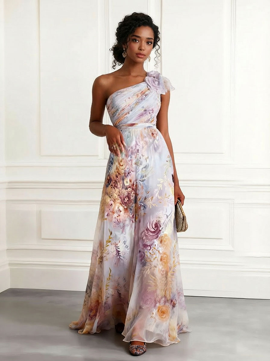 Elegant One-Shoulder Floral Print Chiffon Maxi Dress