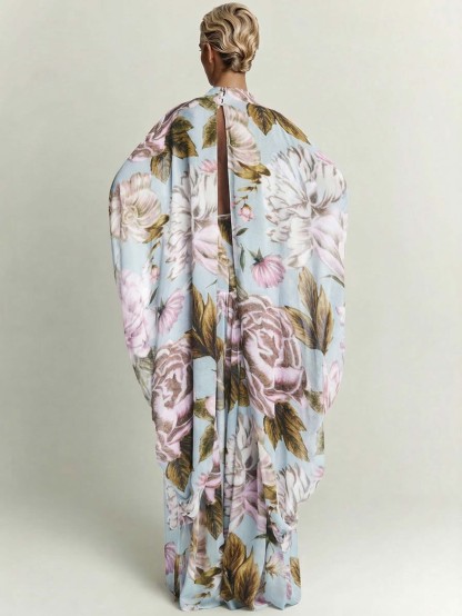 Exquisite Watercolor Floral Print Draped Chiffon Maxi Dress
