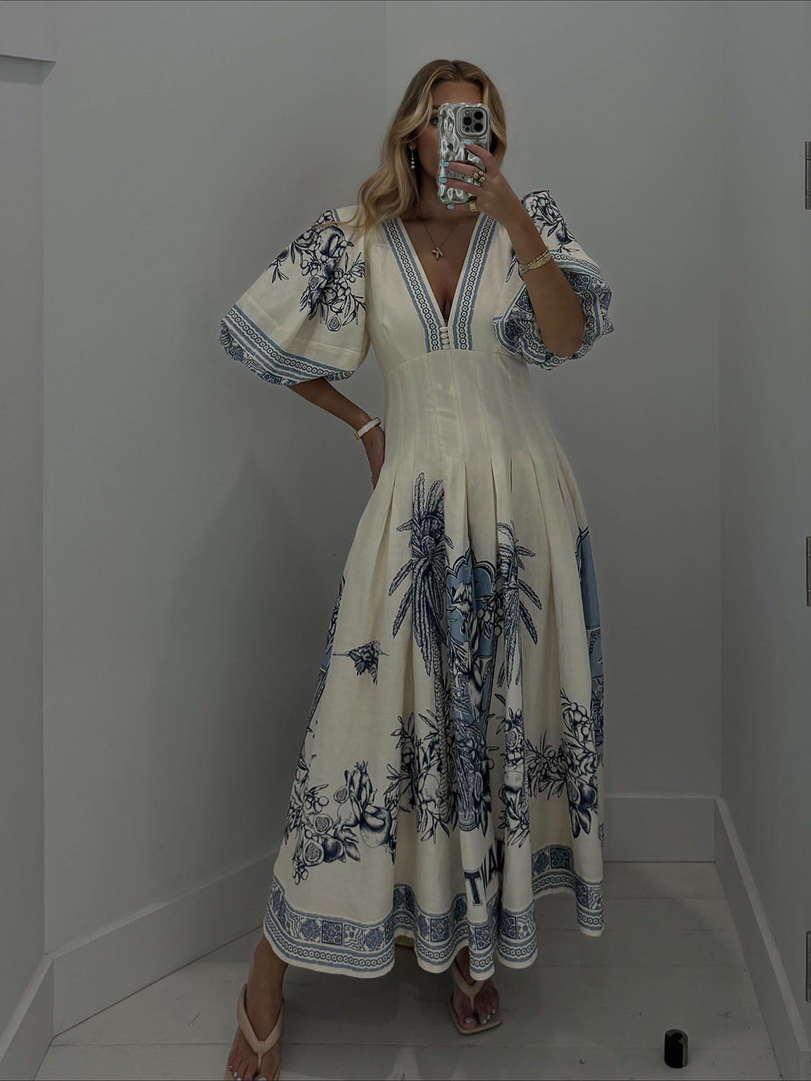Elegant V-Neck Puff Sleeve Toile Print Midi Dress