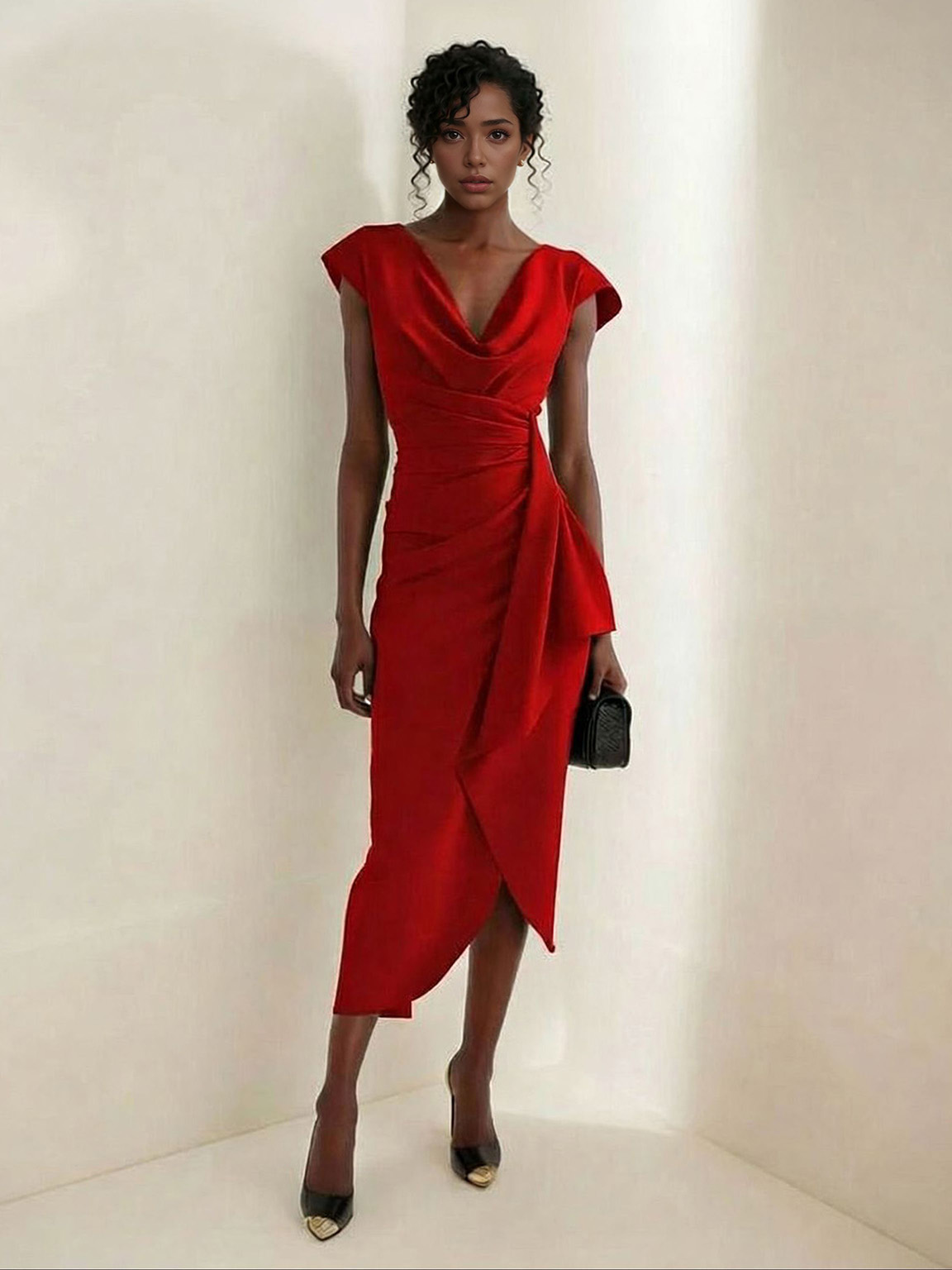 Elegant Draped Neckline Fitted Midi Dress