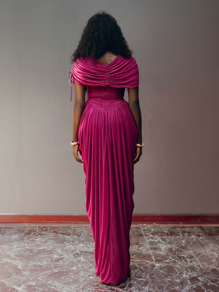 Modern Grecian-Style Fuchsia Draped Maxi Dress