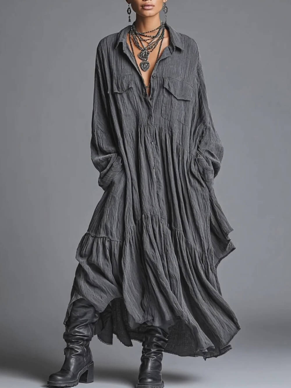 Casual Linen Loose Shirt-Style Pocket Maxi Dress