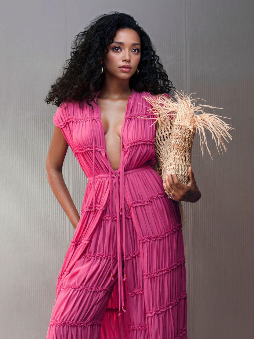 Exquisite Layered Ruffle V-Neck Top & Wide-Leg Pants Two-Piece Set