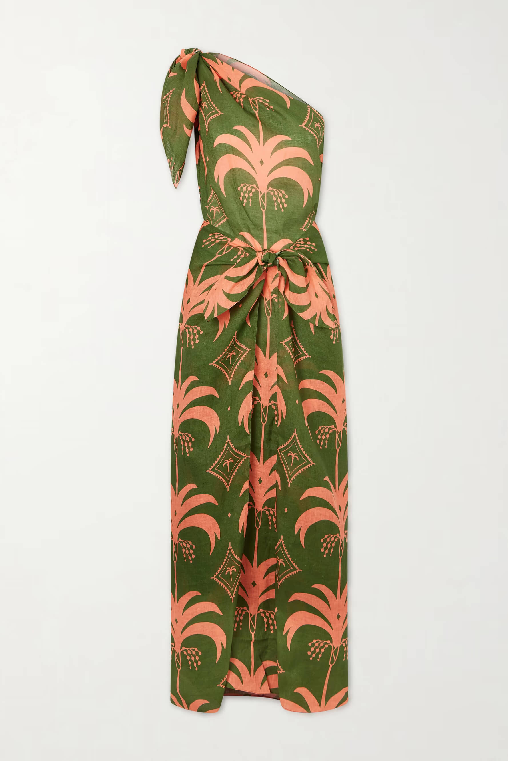 Unique Seaweed Print One-Shoulder Linen Maxi Dress