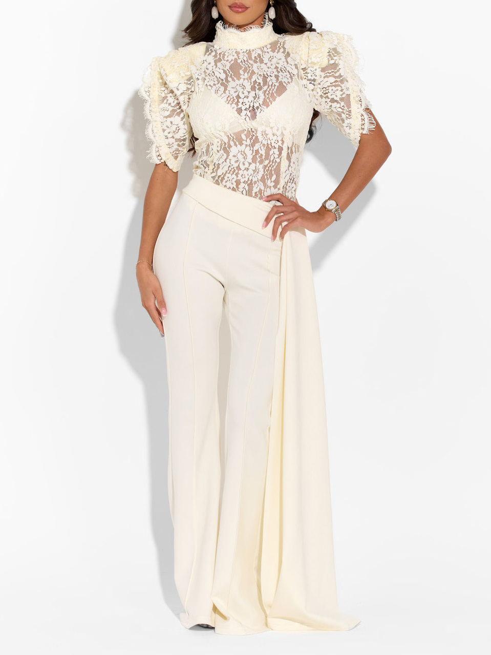 Elegant Lace High-Neck Top & Wide-Leg Pants Two-Piece Set