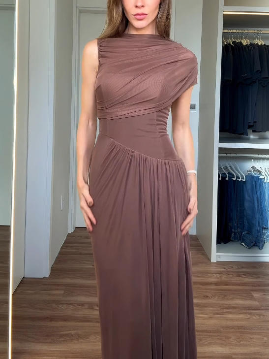 Elegant Asymmetrical Pleated Mesh Short-sleeved Maxi Dress