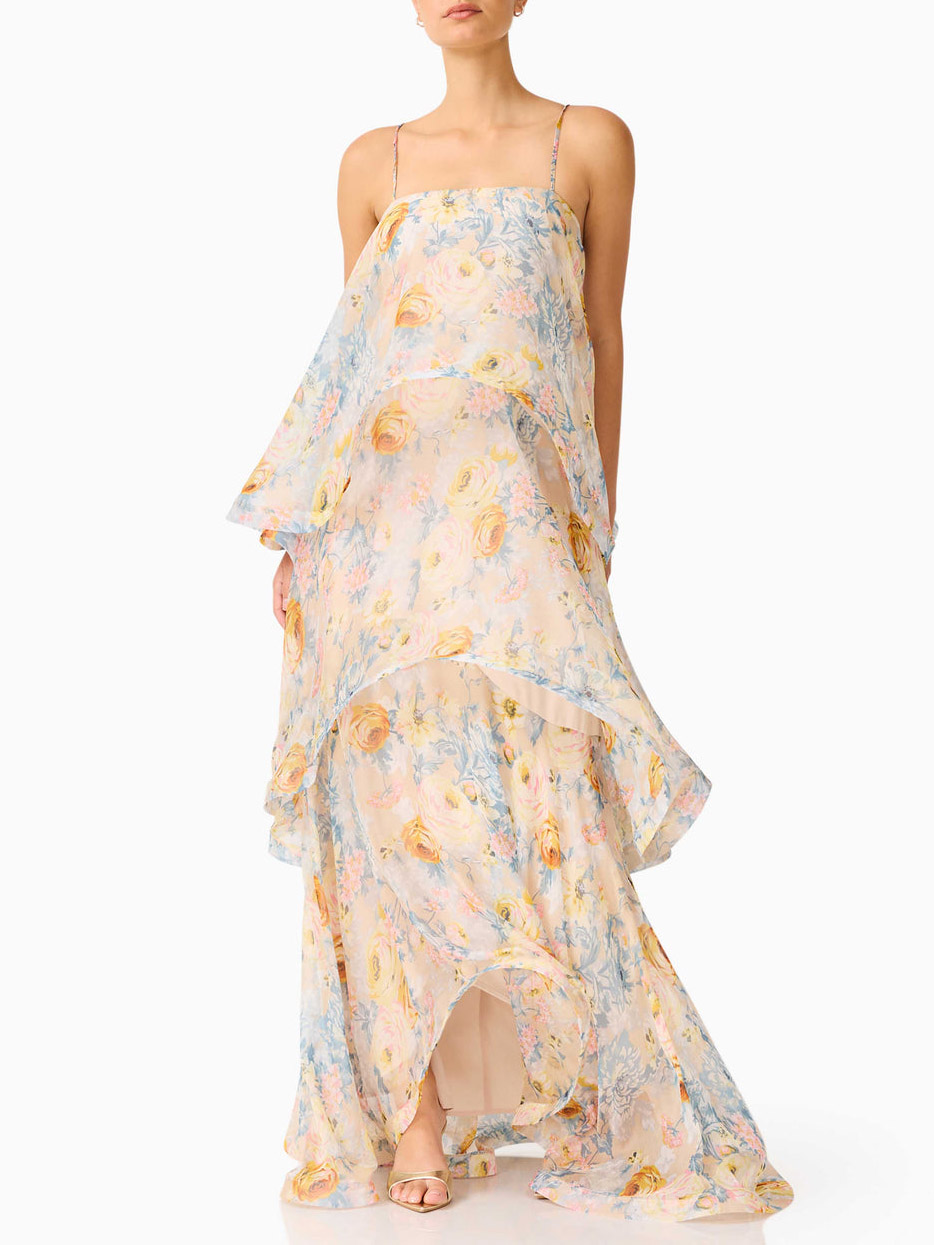 Elegant Floral Print Layered Chiffon Flowing Maxi Dress