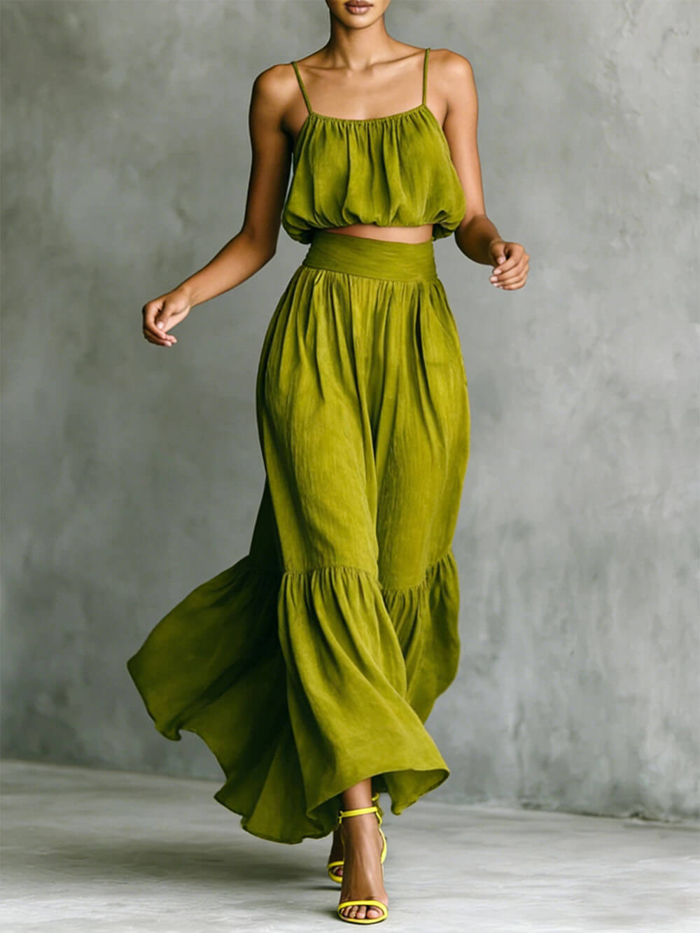 Fashion Linen Blend Bubble Slip Tank and High Rise Pocket A-line Maxi Skirt Set