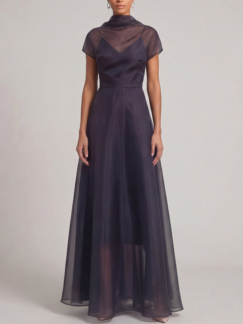 Elegant Sheer Overlay High-Neck Maxi Dress