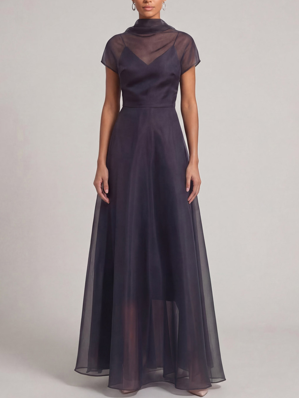 Elegant Sheer Overlay High-Neck Maxi Dress