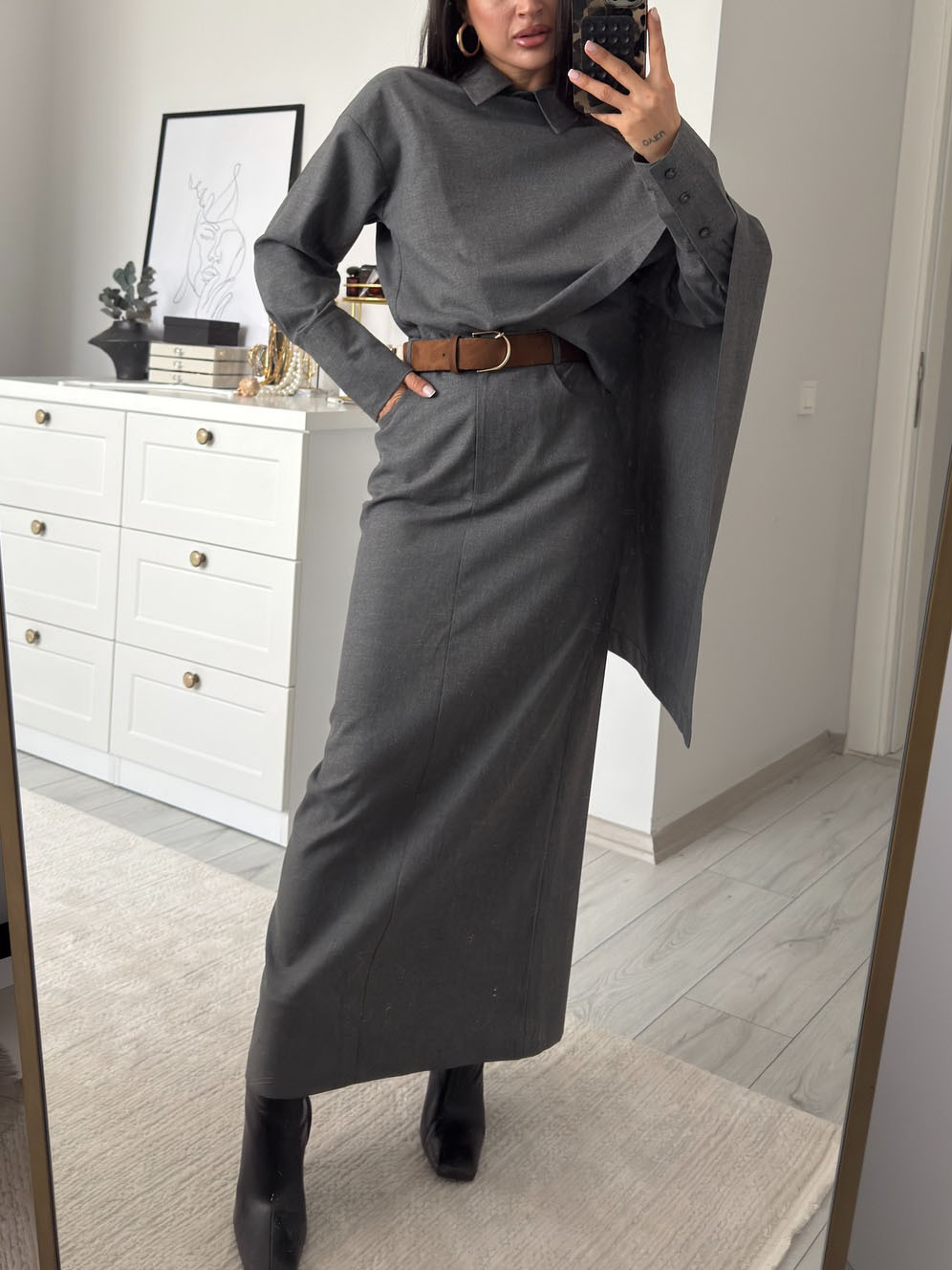 Elegant Draped Shawl Shirt & Wide-Leg Pants Two-Piece Set
